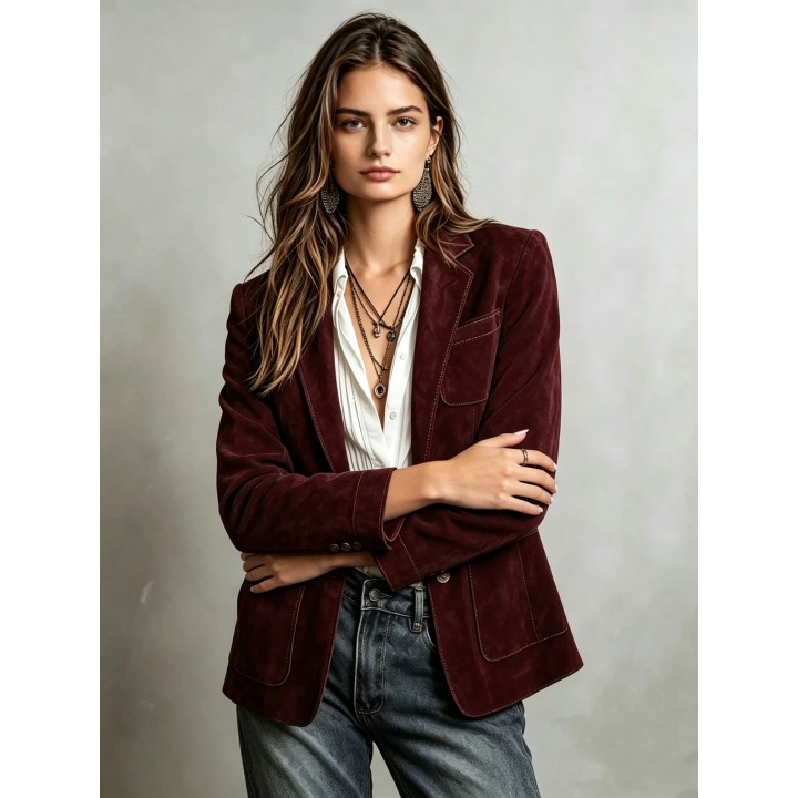 Elegant Brown Suede Womens Jacket Autumn Fashion Outerwear With Pockets And Buttons 
