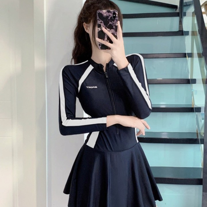 Athletic Long Sleeve One Piece Swimsuit Dress With Zipper Front Color Block Panel Tum