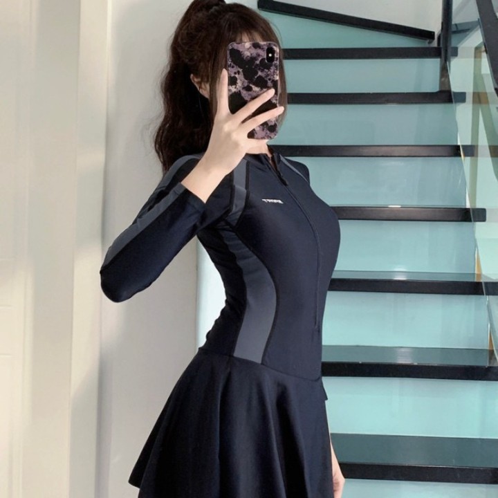 Athletic Long Sleeve One Piece Swimsuit Dress With Zipper Front Color Block Panel Tum