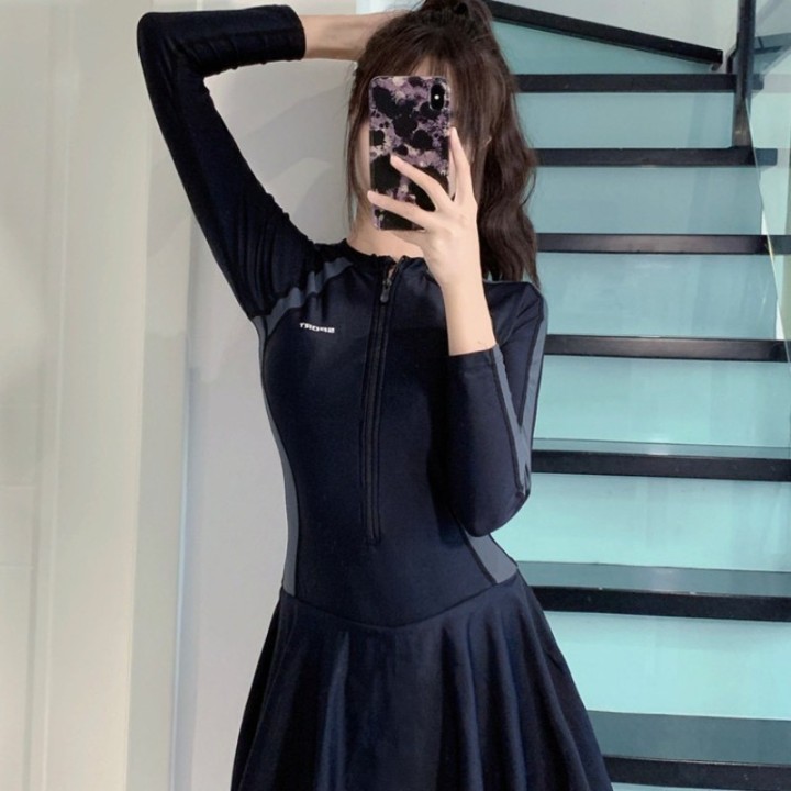 Athletic Long Sleeve One Piece Swimsuit Dress With Zipper Front Color Block Panel Tum