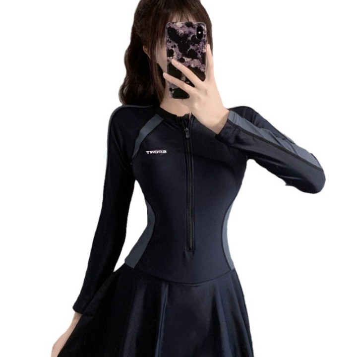 Athletic Long Sleeve One Piece Swimsuit Dress With Zipper Front Color Block Panel Tum
