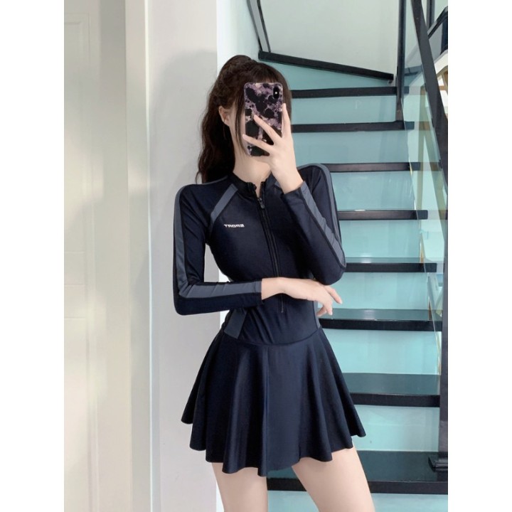 Athletic Long Sleeve One Piece Swimsuit Dress With Zipper Front Color Block Panel Tum