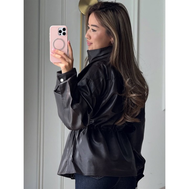 Solid Color Stand Up Collar Womens Leather Jacket Long Sleeved Waist Drawstring Jack