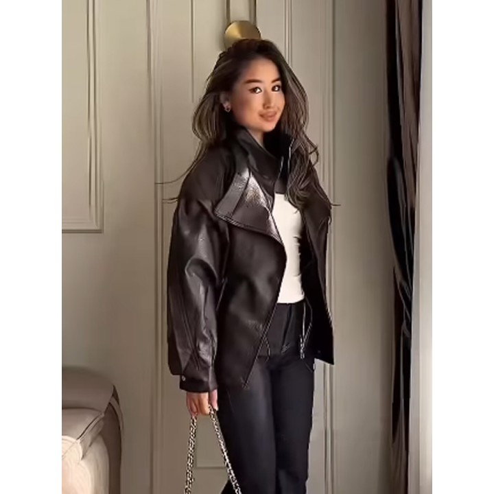 Solid Color Stand Up Collar Womens Leather Jacket Long Sleeved Waist Drawstring Jack