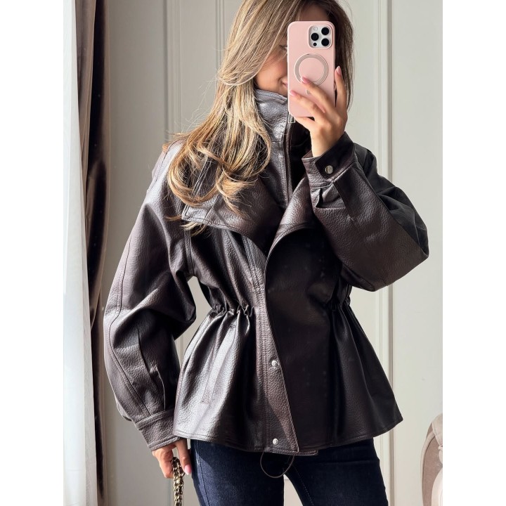 Solid Color Stand Up Collar Womens Leather Jacket Long Sleeved Waist Drawstring Jack