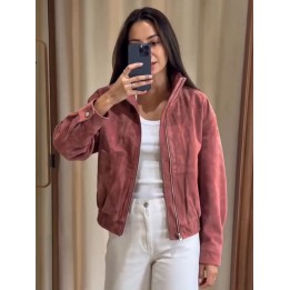 Women Dusty Faux Suede Bomber Jacket Stand Collar Zip Up Loose Drop Shoulder Elastic 