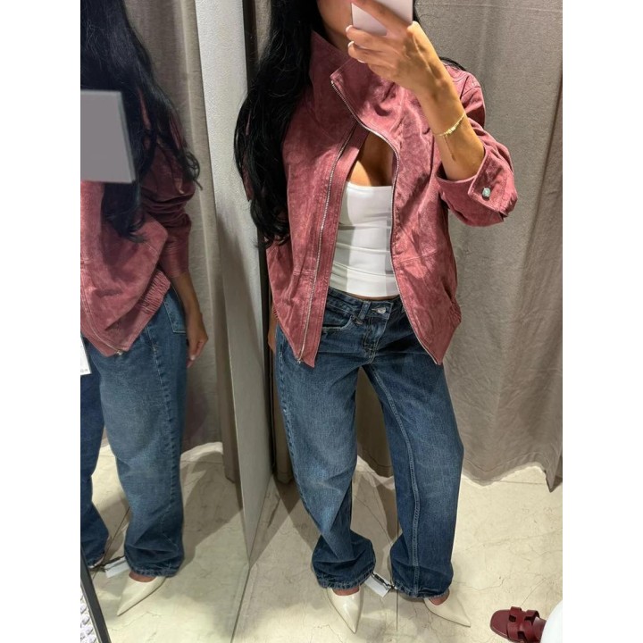 Women Dusty Faux Suede Bomber Jacket Stand Collar Zip Up Loose Drop Shoulder Elastic 