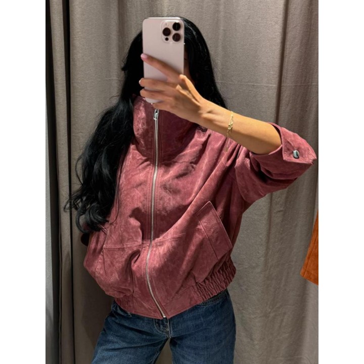 Women Dusty Faux Suede Bomber Jacket Stand Collar Zip Up Loose Drop Shoulder Elastic 