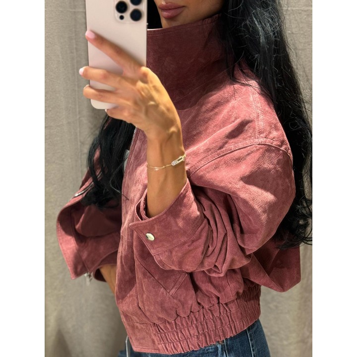 Women Dusty Faux Suede Bomber Jacket Stand Collar Zip Up Loose Drop Shoulder Elastic 