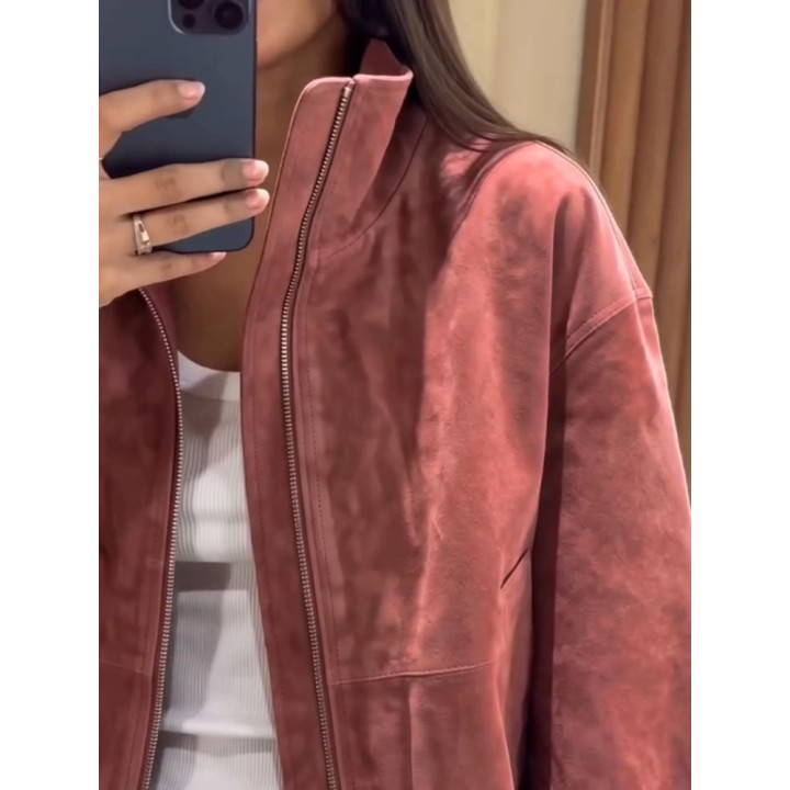 Women Dusty Faux Suede Bomber Jacket Stand Collar Zip Up Loose Drop Shoulder Elastic 