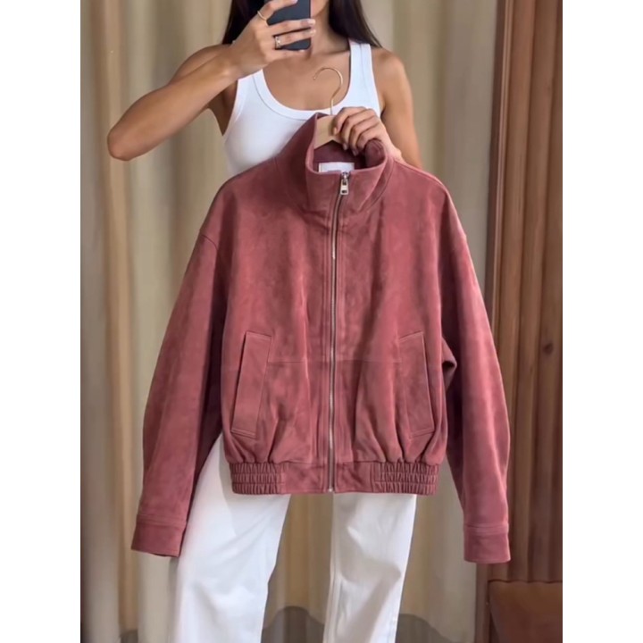 Women Dusty Faux Suede Bomber Jacket Stand Collar Zip Up Loose Drop Shoulder Elastic 