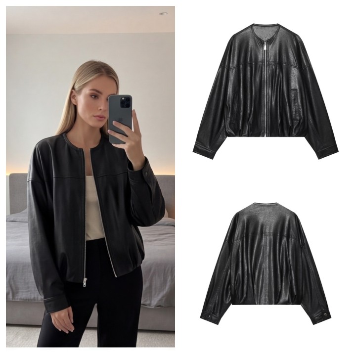 Women S Leather Jacket New 2026 Autumn Winter Classic Commuter Style O Neck Pocket Ch