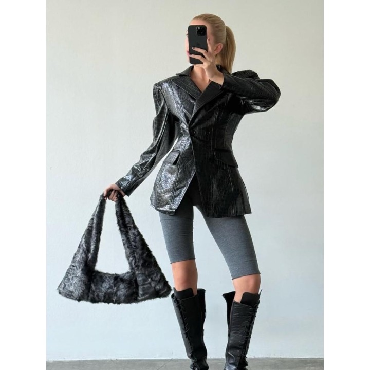 Chic Lapel Crocodile Faux Leather Jacket Women Solid Color Double Button Waistcinchin
