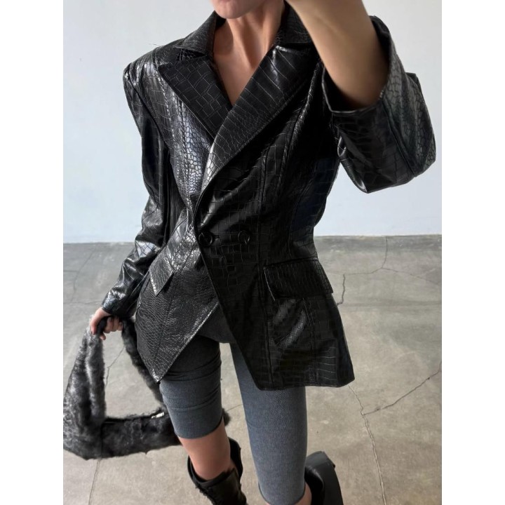 Chic Lapel Crocodile Faux Leather Jacket Women Solid Color Double Button Waistcinchin