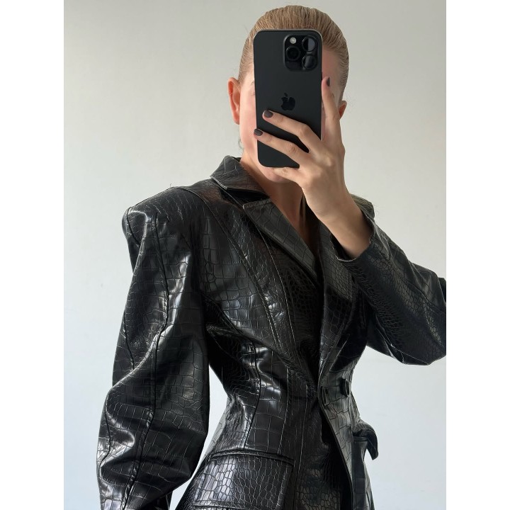 Chic Lapel Crocodile Faux Leather Jacket Women Solid Color Double Button Waistcinchin