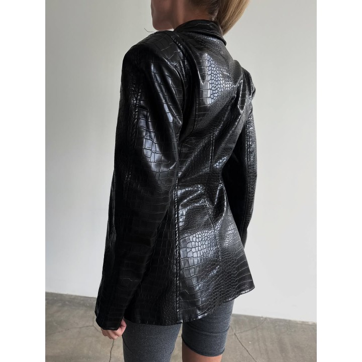 Chic Lapel Crocodile Faux Leather Jacket Women Solid Color Double Button Waistcinchin