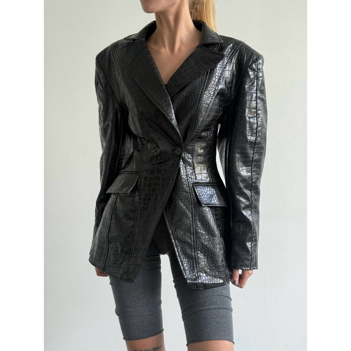 Chic Lapel Crocodile Faux Leather Jacket Women Solid Color Double Button Waistcinchin