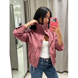 Women Dusty Pink Faux Suede Cropped Jacket Chic Full Zip Stand Collar Elastic Hem Sho