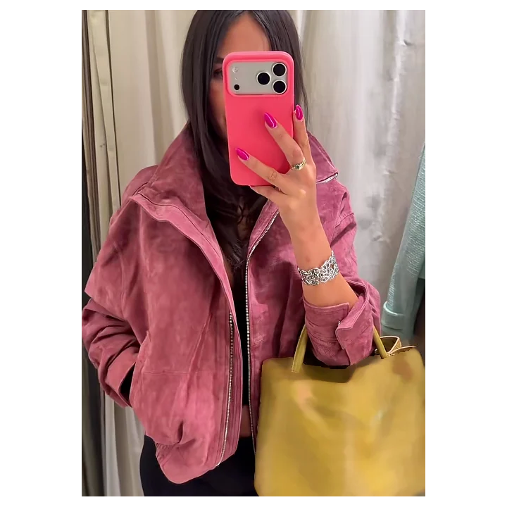 Women Dusty Pink Faux Suede Cropped Jacket Chic Full Zip Stand Collar Elastic Hem Sho