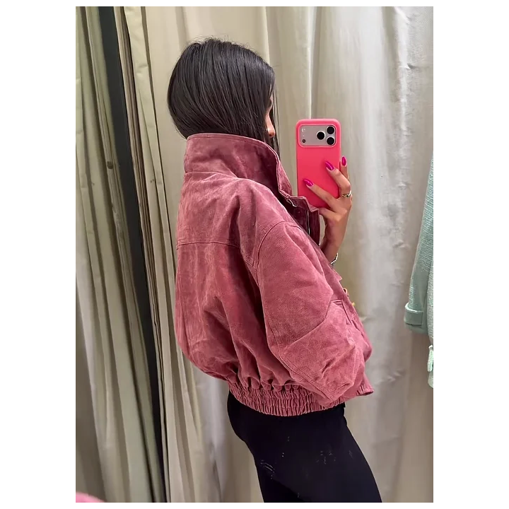 Women Dusty Pink Faux Suede Cropped Jacket Chic Full Zip Stand Collar Elastic Hem Sho