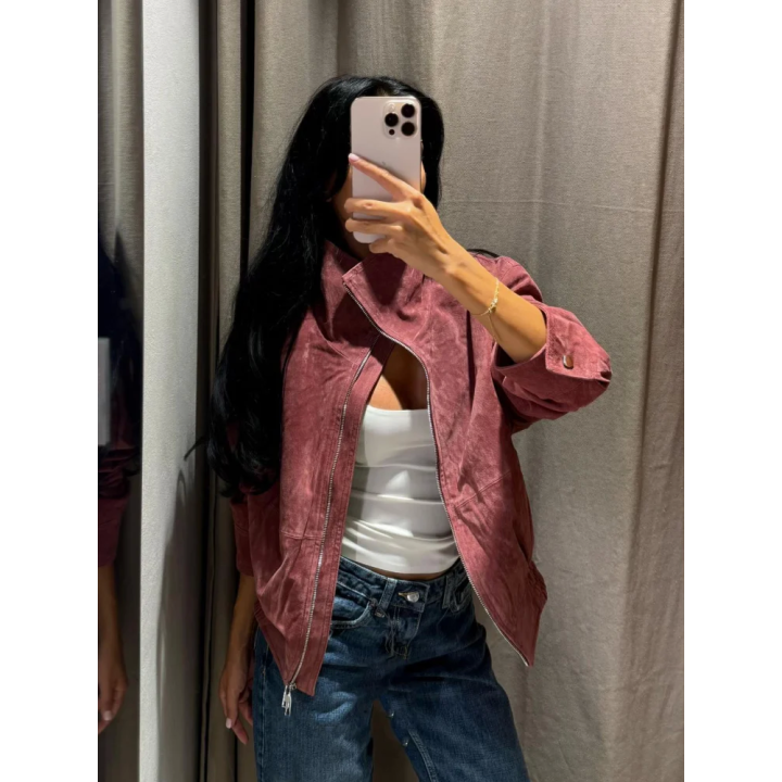 Women Dusty Pink Faux Suede Cropped Jacket Chic Full Zip Stand Collar Elastic Hem Sho