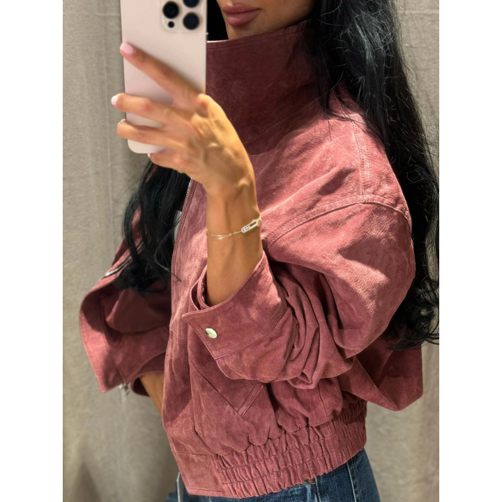 Women Dusty Pink Faux Suede Cropped Jacket Chic Full Zip Stand Collar Elastic Hem Sho