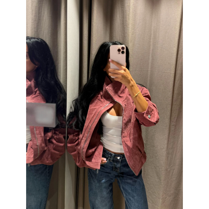 Women Dusty Pink Faux Suede Cropped Jacket Chic Full Zip Stand Collar Elastic Hem Sho