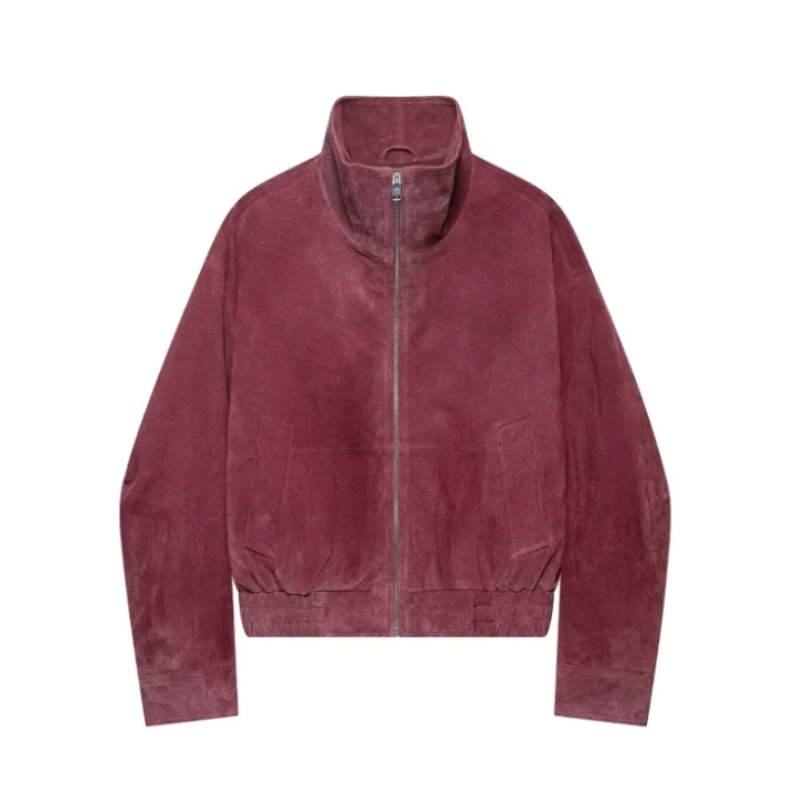 Women Dusty Pink Faux Suede Cropped Jacket Chic Full Zip Stand Collar Elastic Hem Sho