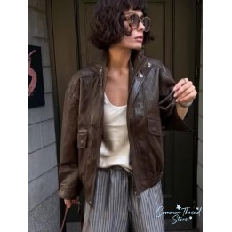 Women Vintage Dark Brown Leather Jacket Casual Stand Collar Zip Up Pocket Long Sleeve