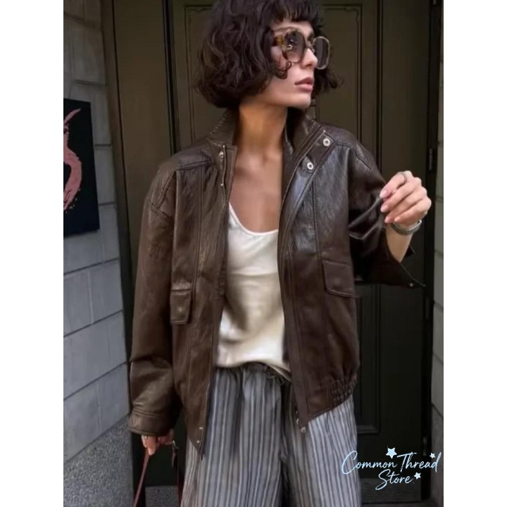 Women Vintage Dark Brown Leather Jacket Casual Stand Collar Zip Up Pocket Long Sleeve
