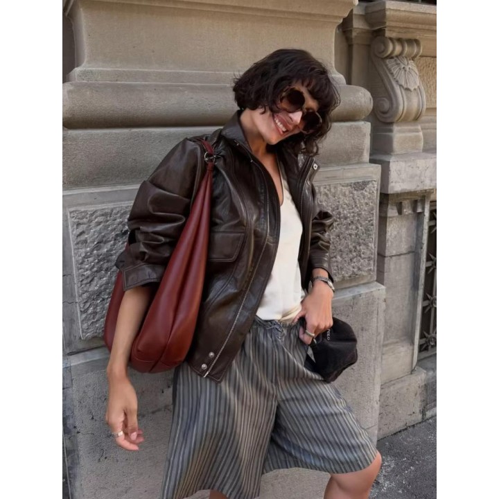 Women Vintage Dark Brown Leather Jacket Casual Stand Collar Zip Up Pocket Long Sleeve