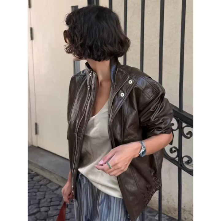 Women Vintage Dark Brown Leather Jacket Casual Stand Collar Zip Up Pocket Long Sleeve
