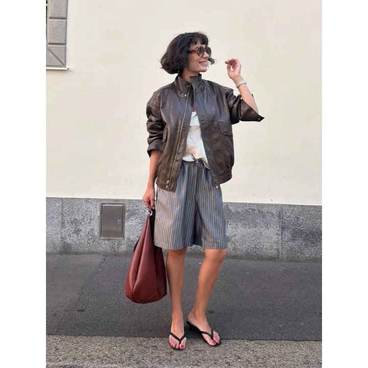 Women Vintage Dark Brown Leather Jacket Casual Stand Collar Zip Up Pocket Long Sleeve