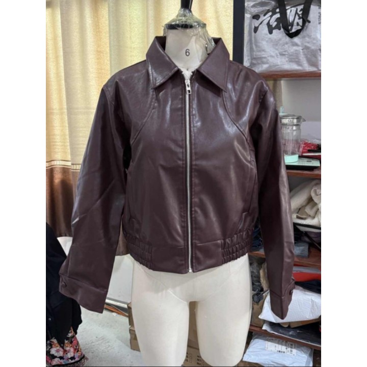 Women Vintage Dark Brown Leather Jacket Casual Stand Collar Zip Up Pocket Long Sleeve