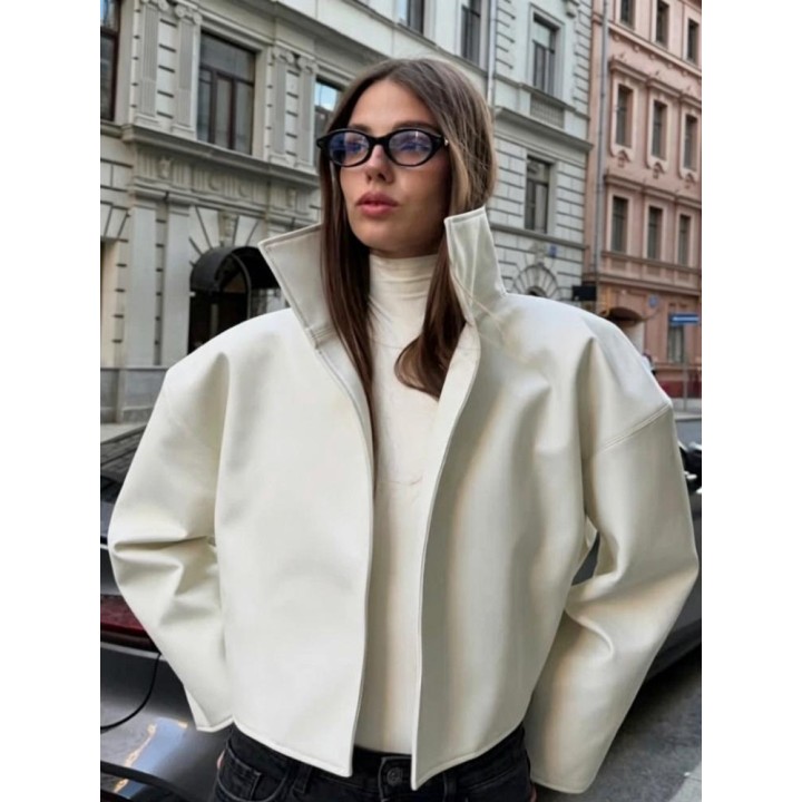 Women Vintage Dark Brown Leather Jacket Casual Stand Collar Zip Up Pocket Long Sleeve