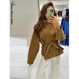 Street Suede Womens Coat Autumn Winter Full Sleeve Stand Collar Singlebreasted Laceu
