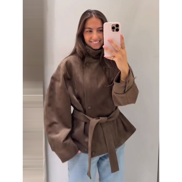 Street Suede Womens Coat Autumn Winter Full Sleeve Stand Collar Singlebreasted Laceu
