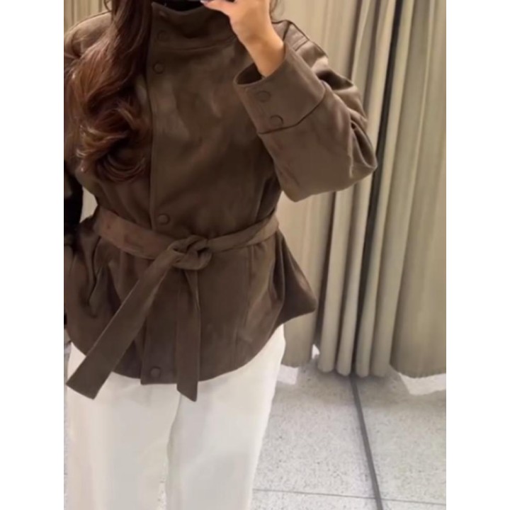 Street Suede Womens Coat Autumn Winter Full Sleeve Stand Collar Singlebreasted Laceu
