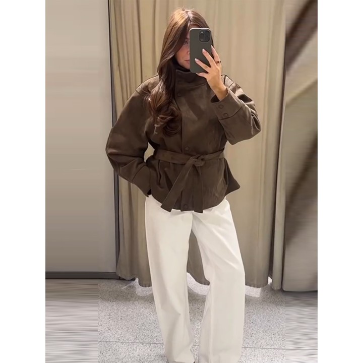 Street Suede Womens Coat Autumn Winter Full Sleeve Stand Collar Singlebreasted Laceu