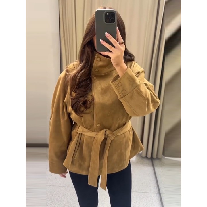 Street Suede Womens Coat Autumn Winter Full Sleeve Stand Collar Singlebreasted Laceu