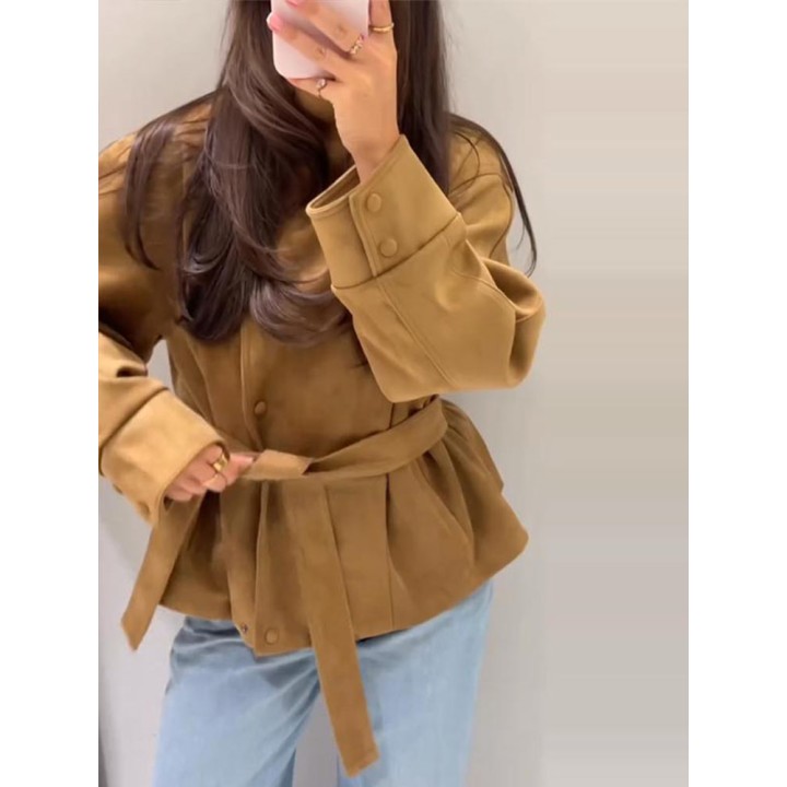 Street Suede Womens Coat Autumn Winter Full Sleeve Stand Collar Singlebreasted Laceu