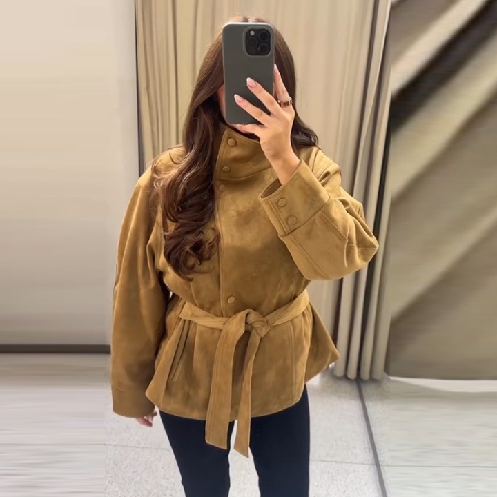 Street Suede Womens Coat Autumn Winter Full Sleeve Stand Collar Singlebreasted Laceu