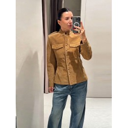 Womens Vintage Cropped Jacket Stand Collar Epaulet Decor Single Breasted Flap Pocket