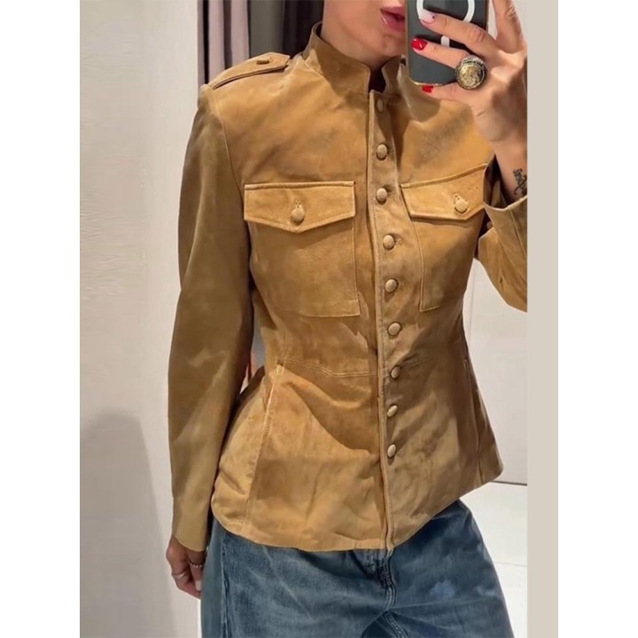 Womens Vintage Cropped Jacket Stand Collar Epaulet Decor Single Breasted Flap Pocket