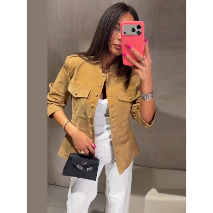 Womens Vintage Cropped Jacket Stand Collar Epaulet Decor Single Breasted Flap Pocket