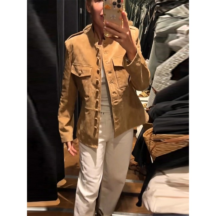 Womens Vintage Cropped Jacket Stand Collar Epaulet Decor Single Breasted Flap Pocket