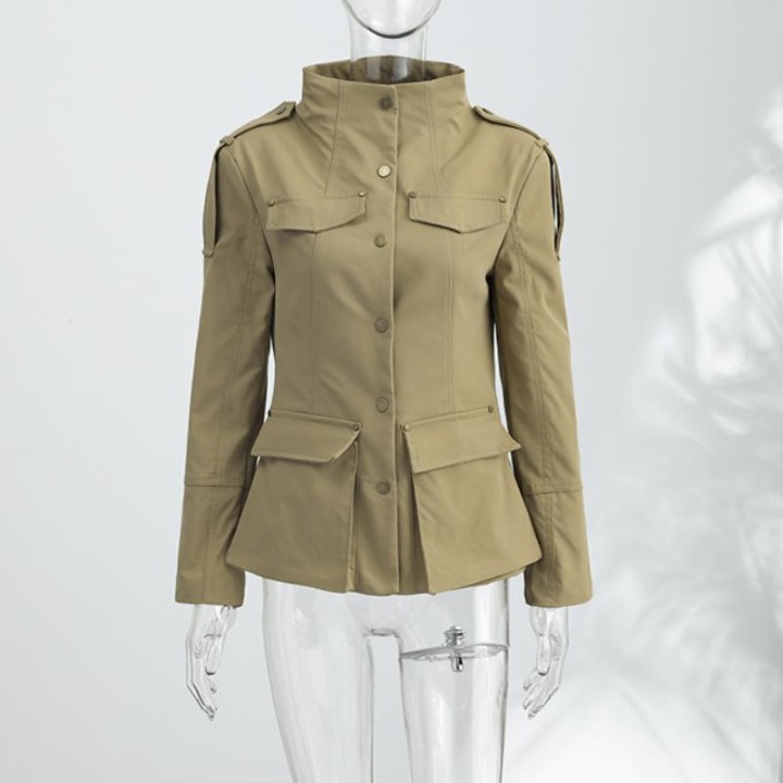 Womens Vintage Cropped Jacket Stand Collar Epaulet Decor Single Breasted Flap Pocket