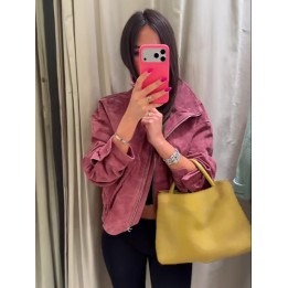Women Stand Collar Leather Pilot Jacket Red Zipper Cropped Long Sleeve Coat Casual Fa
