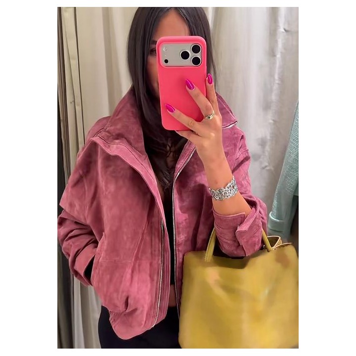 Women Stand Collar Leather Pilot Jacket Red Zipper Cropped Long Sleeve Coat Casual Fa