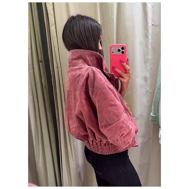 Women Stand Collar Leather Pilot Jacket Red Zipper Cropped Long Sleeve Coat Casual Fa